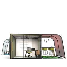 Raum in Raum akustik POD-System Abgeschirmte Raumelemente Abgeschirmte Arbeitsplätze Konferenzplätze Orangebox Campers&Dens