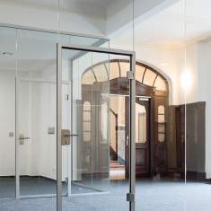 Glaswand ohne Rahmen akustik Abgeschirmte Arbeitsplätze Konferenzplätze Glaswand System Woodtec soloVETRO